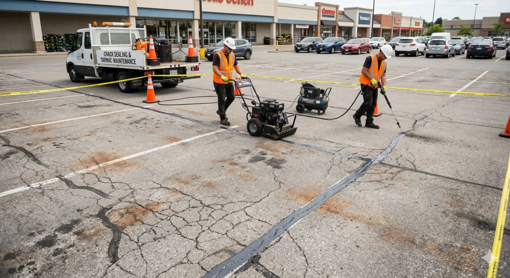 car park surface maintenance on commercial tarmac showing early cracking and wear