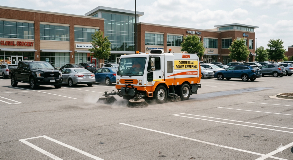 parking lot sweeping with professional sweeper vehicle on commercial car park