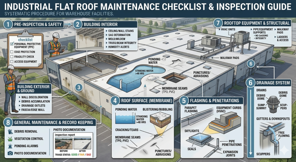 industrial roof maintenance checklist inspection on warehouse flat roof