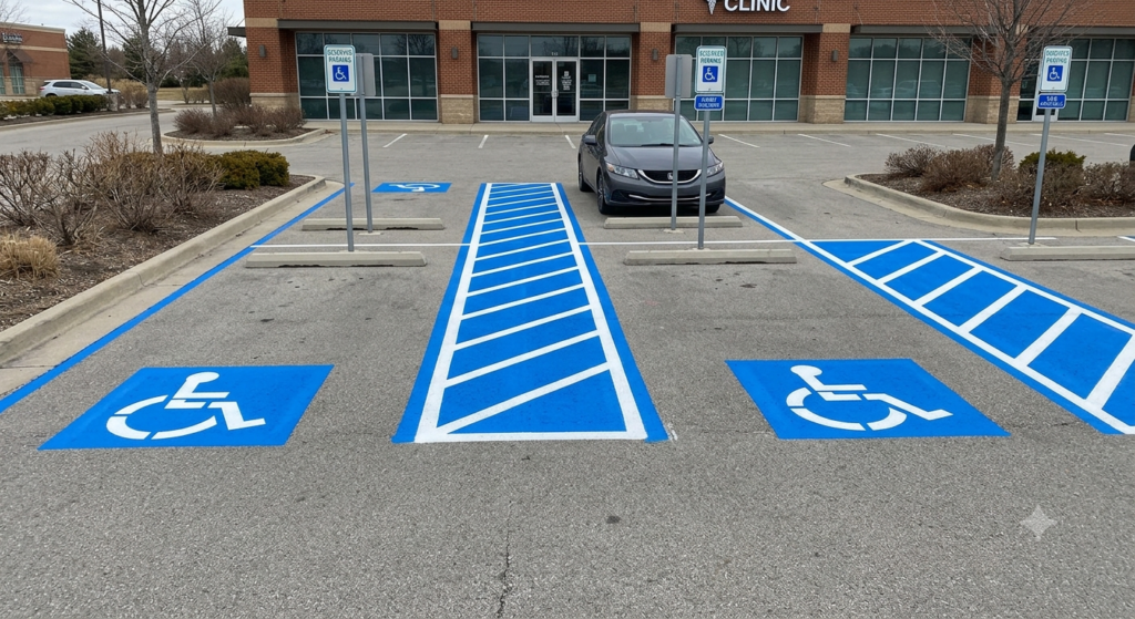 ADA parking lot compliance striping showing accessible spaces and access aisles
