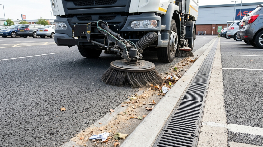 parking lot sweeping clearing debris from car park drainage channels and kerbs
