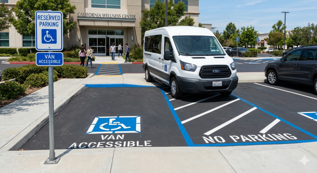 ADA parking lot compliance van accessible space with correct signage and access aisle