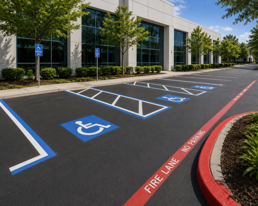Show Image Alt text: commercial property exterior maintenance ADA compliant restripe with accessible parking and fire lane markings