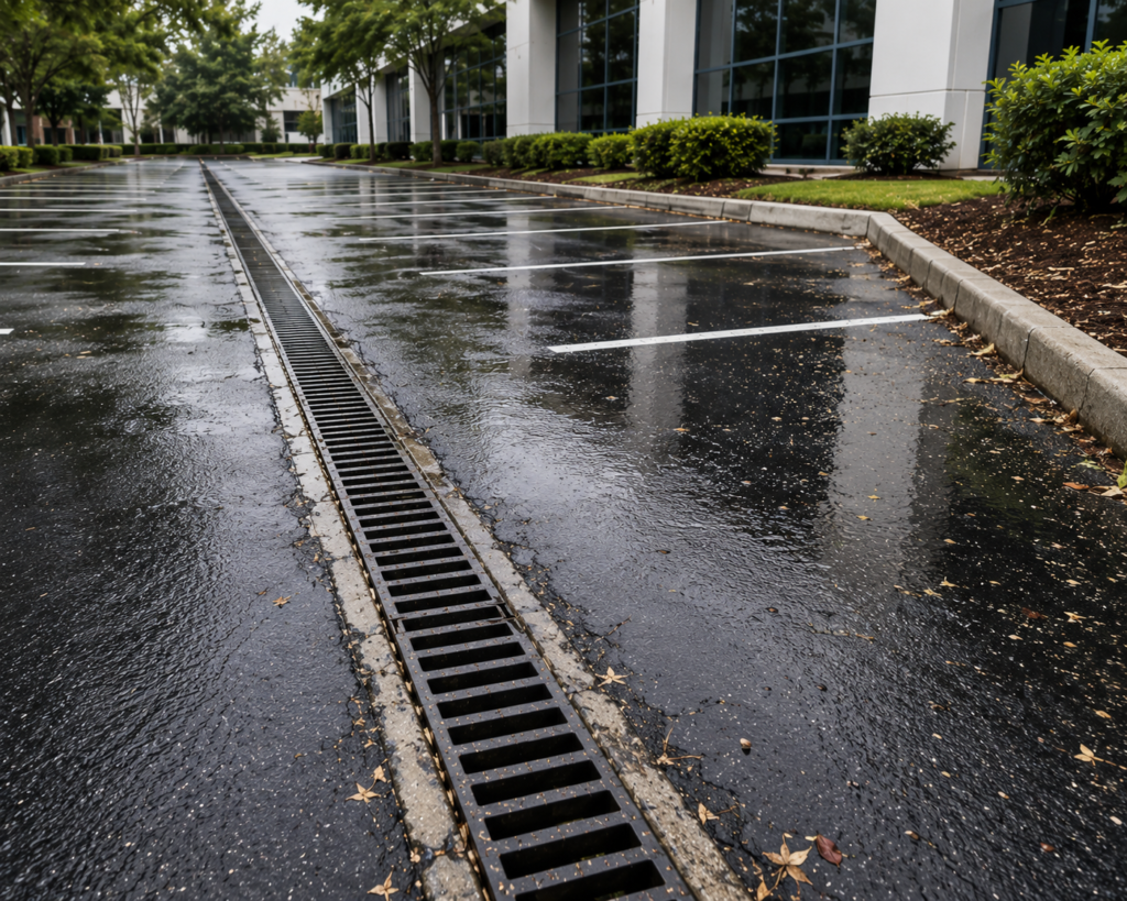 commercial property exterior maintenance inspection of parking lot and drainage channels