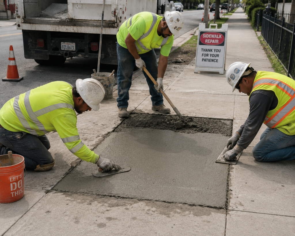 commercial concrete repair crew patching a spalled sidewalk panel