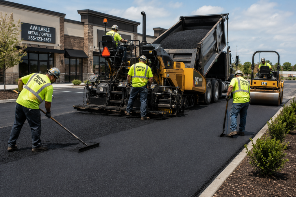 commercial asphalt paving crew laying hot mix on a retail parking lot