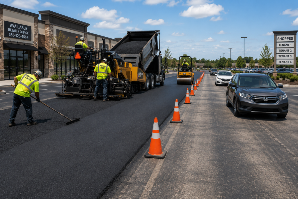 phased commercial asphalt paving project keeping a shopping center open